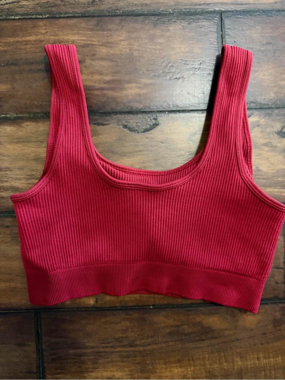 Like New Ribbed Red Athletic Crop Top & High-Waist Bike Shorts Set - Picture 4 of 7